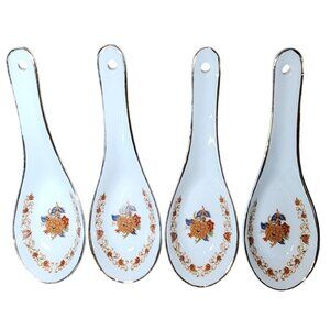 Vintage Set of 4 Tatung Taiwan China Porcelain Asian Soup Spoons Floral Pattern